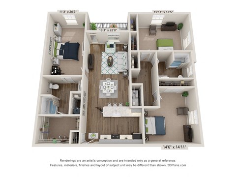 Furnished floor plan of a 3 bedroom apartment The Bluestar 1,622 sq. ft. at Ardmore at Flowers, North Carolina